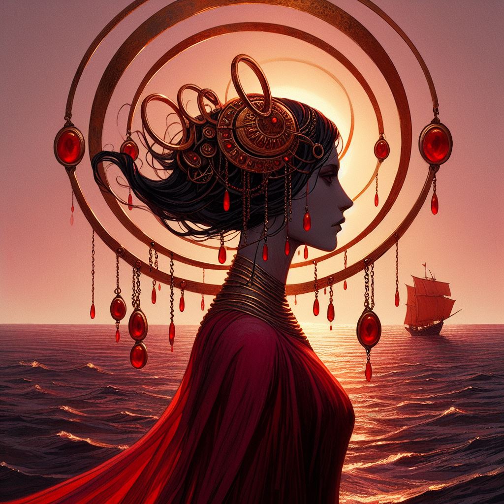 a tall dark woman in crimson clothes rise up from somewhere near Yara, step over the side of the boat, move across the water, and come to rest on the shore, where she turns around then stands perfectly still, looking out to sea. Sunlight catches the copper rings which form her crown, three of them, one above the other. Just below her throat there is a crescent of heavy brass, a row of red stones hanging from it on tiny chains